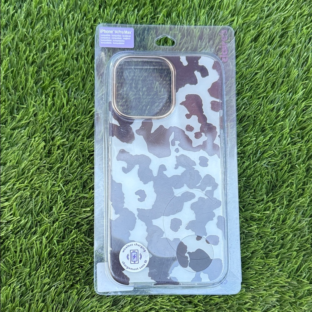 Claire's Black and White Cow Pattern Phone Case for iPhone 14 Pro Max